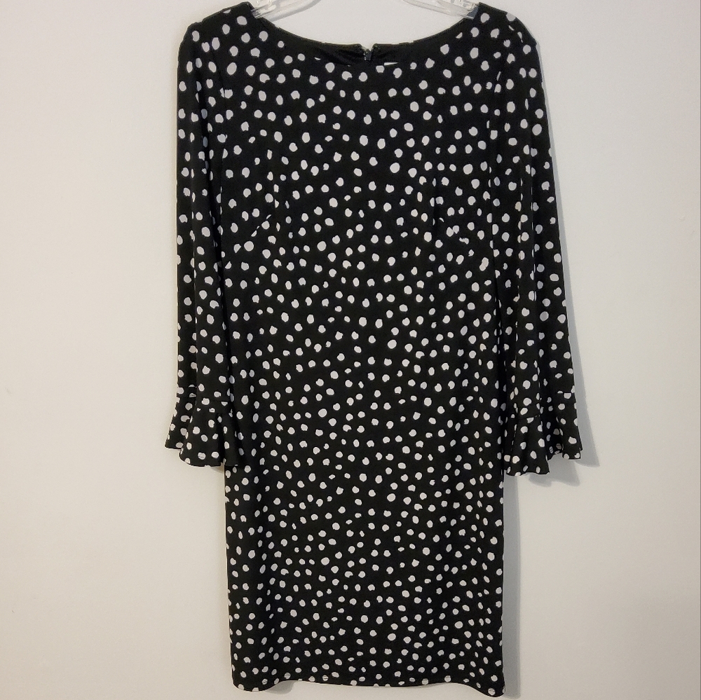 Laura Jeffries Black/White Dotted Long Raffle Sleeve Sheath Dress Round Size 6